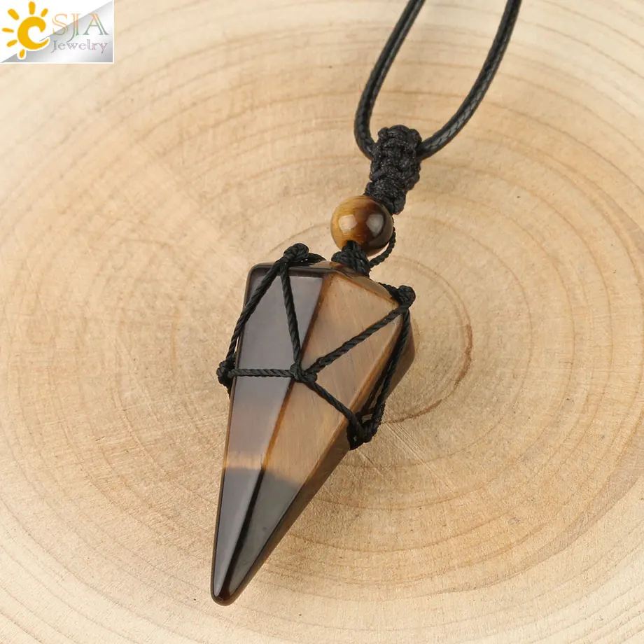 Tiger Eye Csja натуральный каменный конус Подвески Кристалл кварц Черная веревка обернутая лечение мужские т камни ожерелье для мужчин женские модные ювелирные изделия G173 - Окраска металла: Tiger Eye