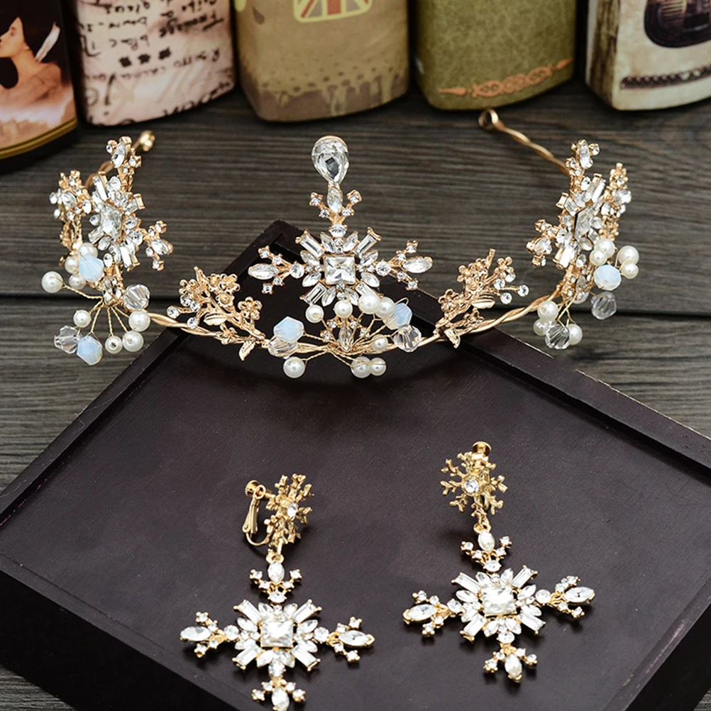 1Set Bride Headdress Exquisite Rhinestone Floral Luxury Crown with Earrings for Lady | Hair Accessories Set