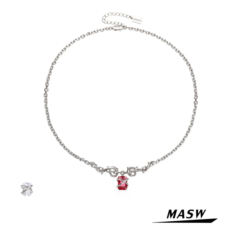 

MASW Original Design Chain Necklace One Layer Simply Design Metal Silver Plated Red AAA Zircon Pendant Necklace Women Jewelry