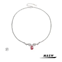 masw original design chain necklace one layer simply design metal silver plated red aaa zircon pendant necklace women jewelry