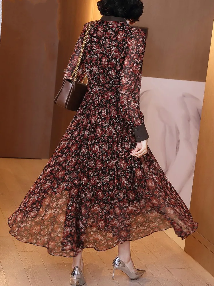 

JCHB 2021 High Quality Chiffon Dress Woman Elegant Floral Dress Long Sleeve Dresses for Women V-neck Spring Autumn Vestidos Pph