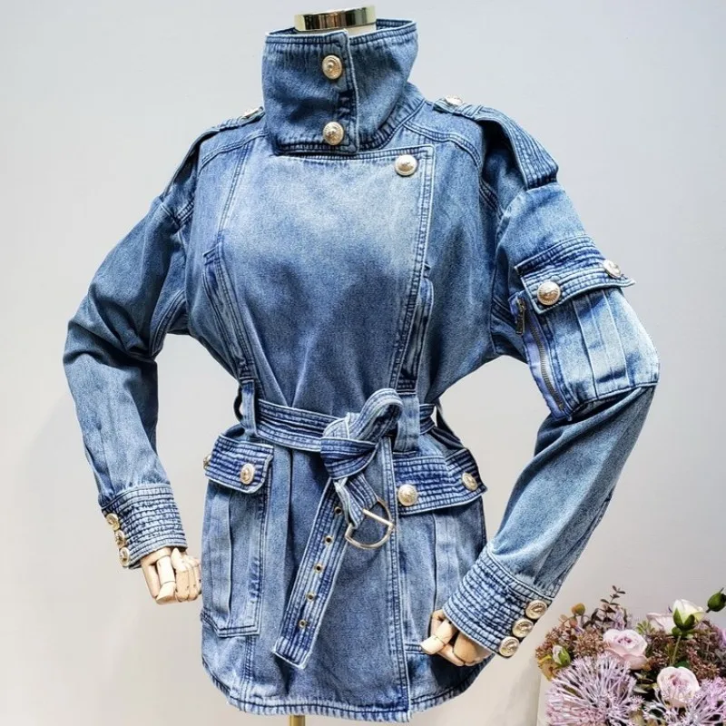 

Golden Button Turtleneck Vintage Thick Denim Jacket For Women Autumn Long Sleeve Loose Casual Coat With Belt Jeans Jackets