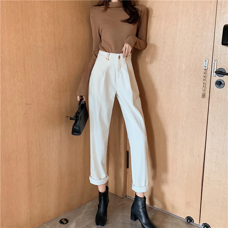 

New Women's Harem Pants Spring Corduroy High Waist Pants Casual Pants Vintage Slim Trousers Female