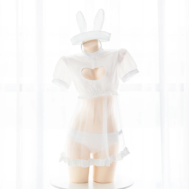 Kawaii Bunny Girl Heart Hollow Out Perspective Sexy Women Cosplay Cute Nurse's Uniform Set Whith Tail Lingerie Suit Black+white |