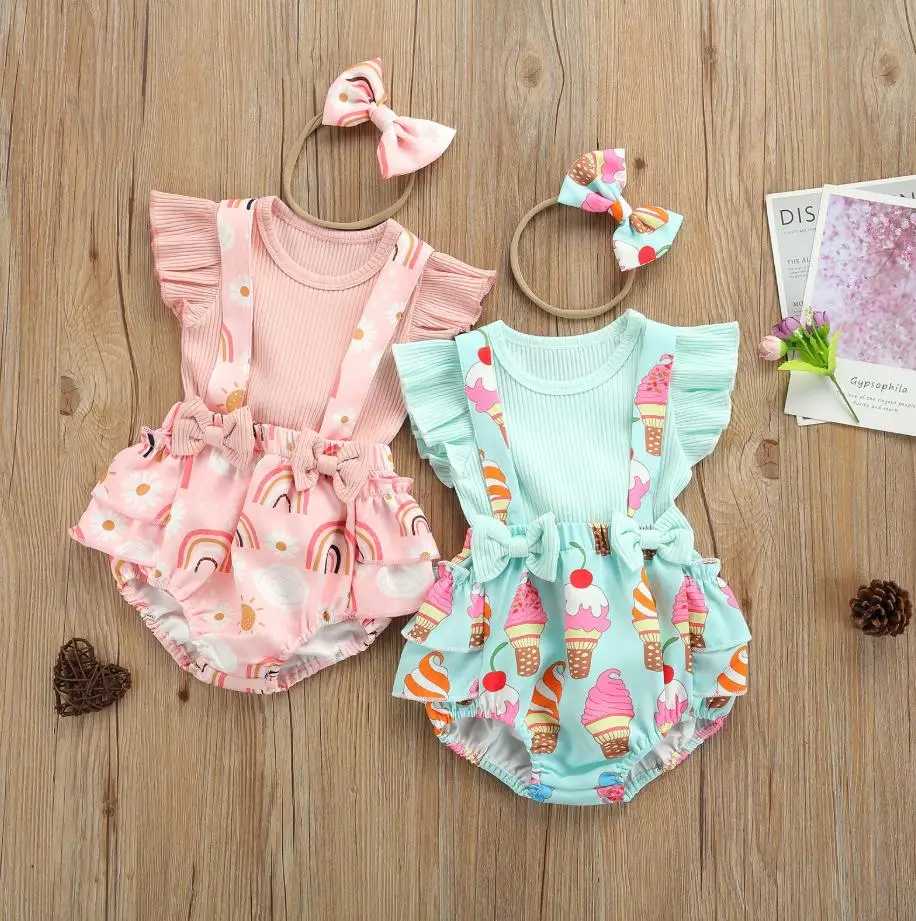 

Комплект одежды для маленьких девочек из 2 предметов, комплект летней одежды с рукавами-крылышками и ребра вязаные комбинезоны Кофты с дуго...