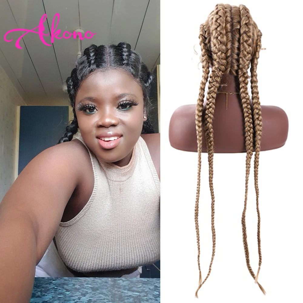 36' Box Braided Wigs for Black Women Synthetic Lace Front Wig Cornrow Braids Lace Wigs with Baby Hair Box Braid Wig 613 Color