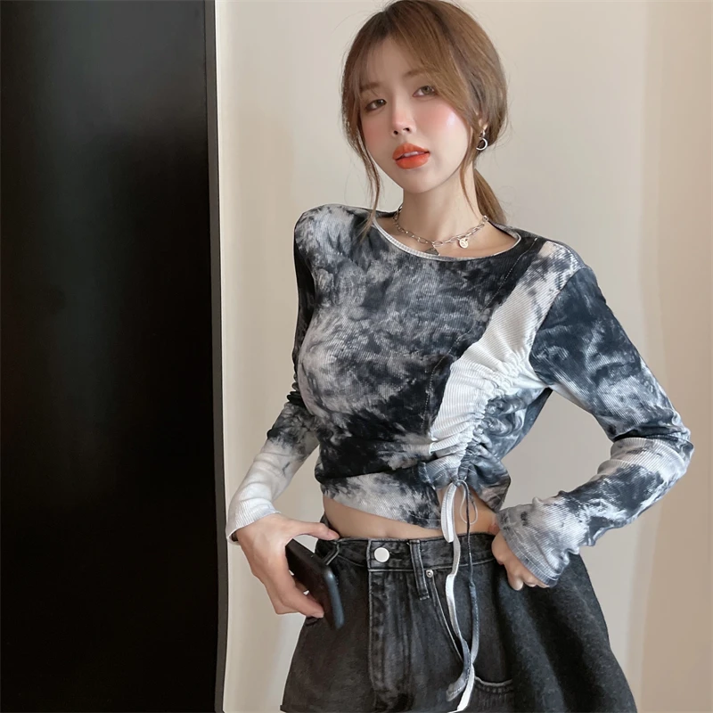 

Early Autumn Hong Kong Flavor Vintage All-match Short Tops T-Shirts Women's O-neck Tie Dye Gradient Long Sleeve Base Shirt Tees