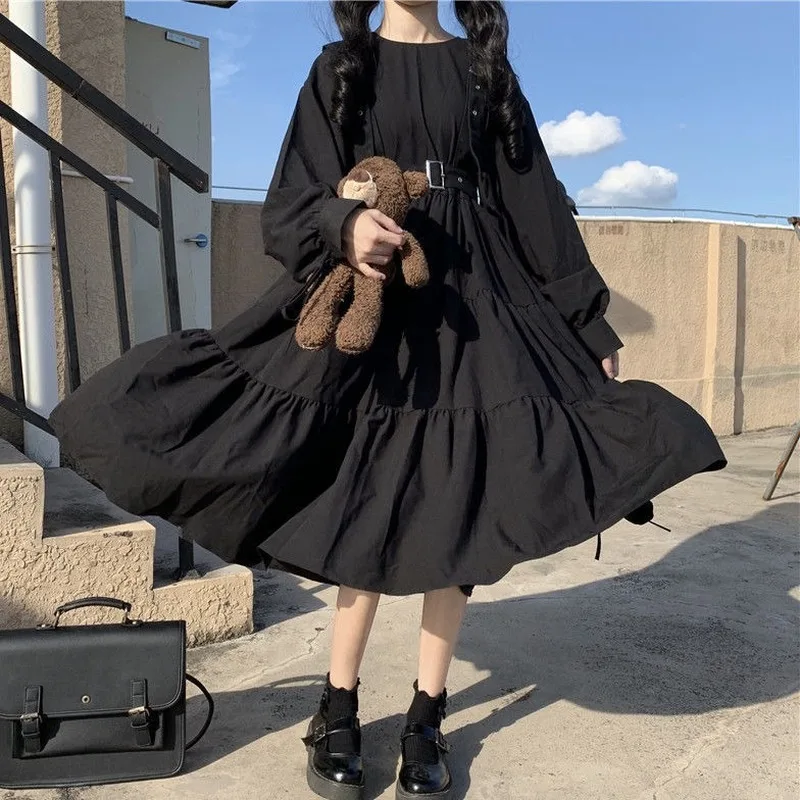 

Women Girl Gothic Style Dress Women Harajuku Gothic Lolita Kawaii Dress Punk Cute Long Sleeve Black Midi Dress