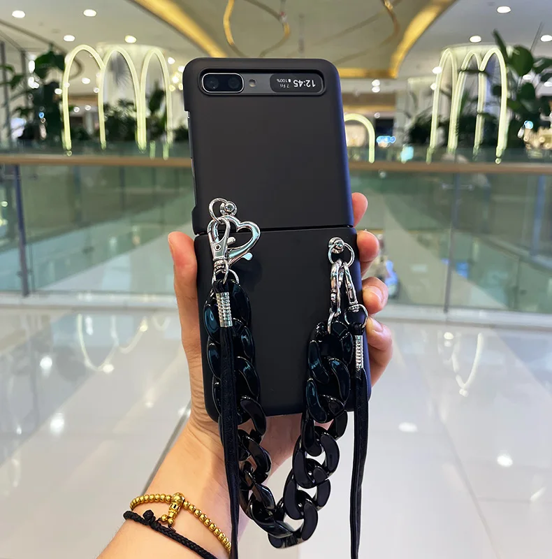 Fashion Black Hand Chain Bracelet Case Cover For Samsung Galaxy Z Flip 4 With Neck Strap Crossbody PC Back Cover Z Flip 3