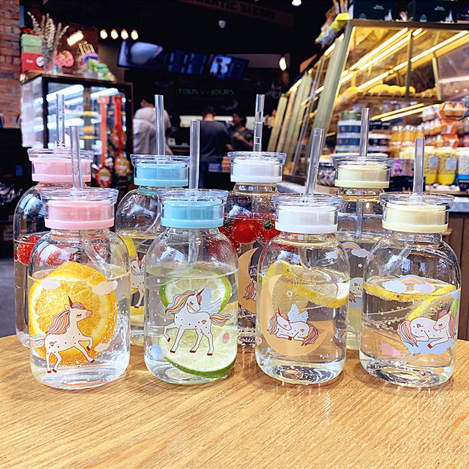 

500ml New Cute Cartoon Unicorn Water Bottle With Straw Creative Personality Portable Glass Drinking Bottles Water Cup for Girls