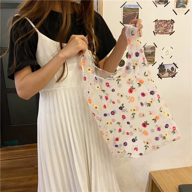 

Bohemian Flowers Embroidery Casual Tote Bag Women Mesh Organza Handbags Womens Colorful Cute Bags Ladies Photographic Props Bag