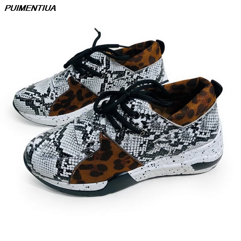 

Puimentiua New Women Casual Shoes Breathable Ladies Sneakers Leopard Print Faux Fur Sneakers Lace-up Platform Sports Shoes Women