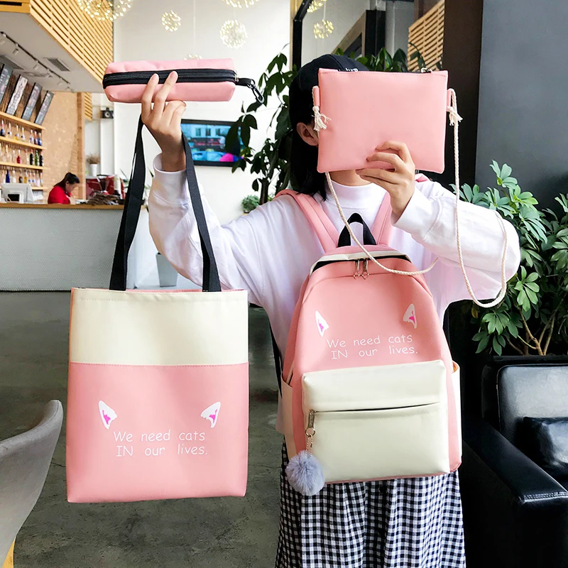 

2020 Luxury 4pcs/set Cat Print Backpacks Women Canvas Teenager Student School Travel Bags Pen Bags Clutch mochila feminina mujer