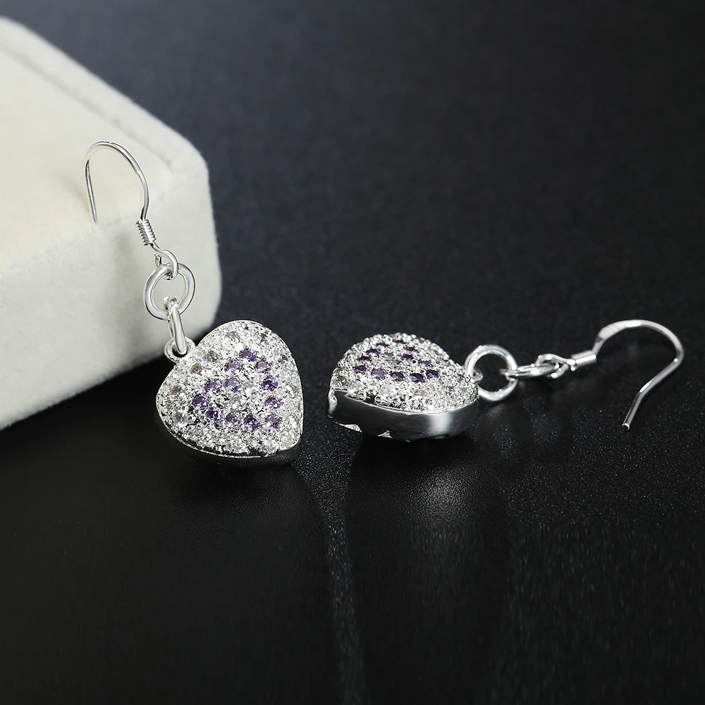 Fashion 925 Silver Earrings Zircon Crystal Heart Woman Glamour Jewelry Gift | Drop