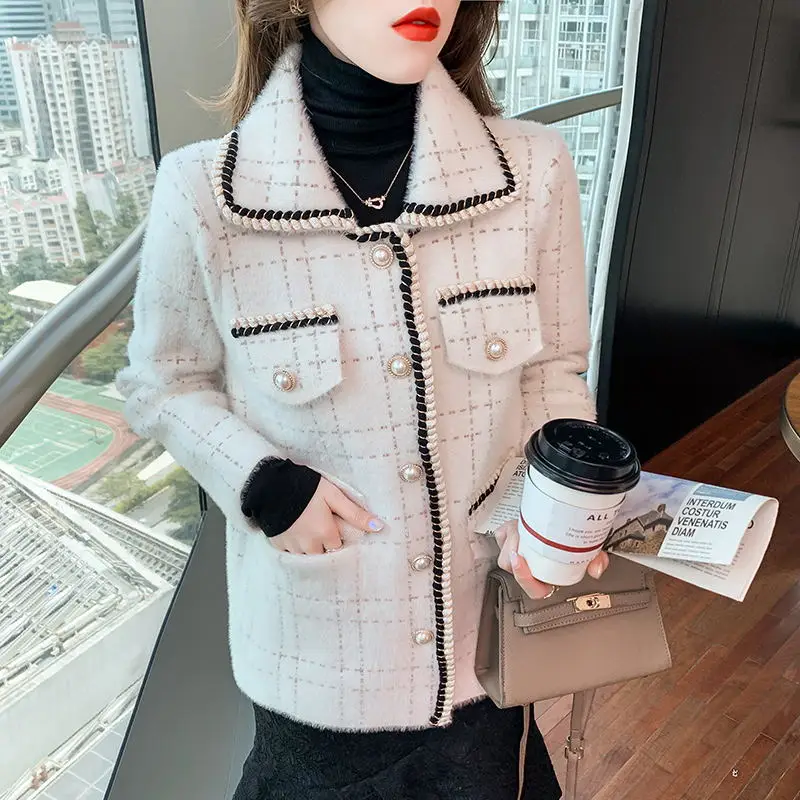 

Coat wool cashmere female elegant Woolen Jacket women autumn mink velvet Plaid cardigan blends baggy thick jaquetas veste femme