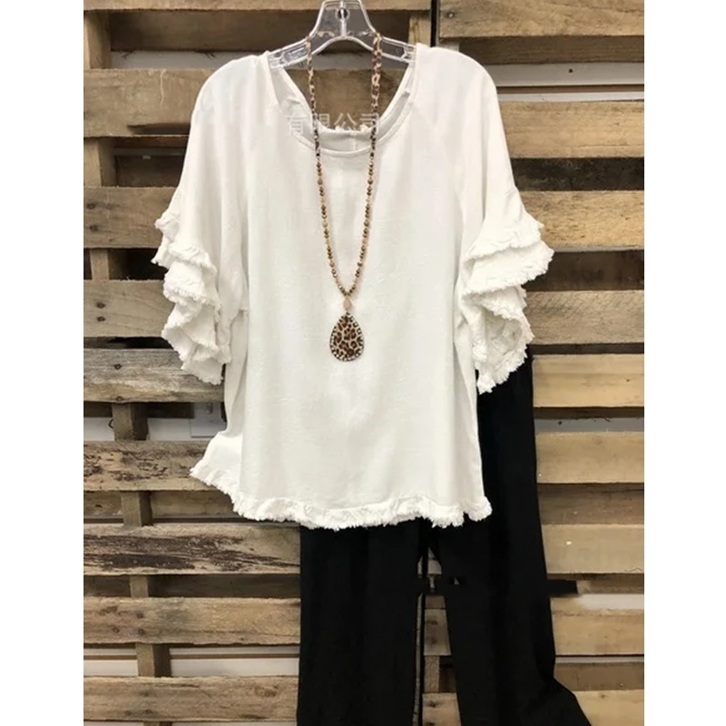 

Женская футболка с коротким рукавом, круглым вырезом и оборками