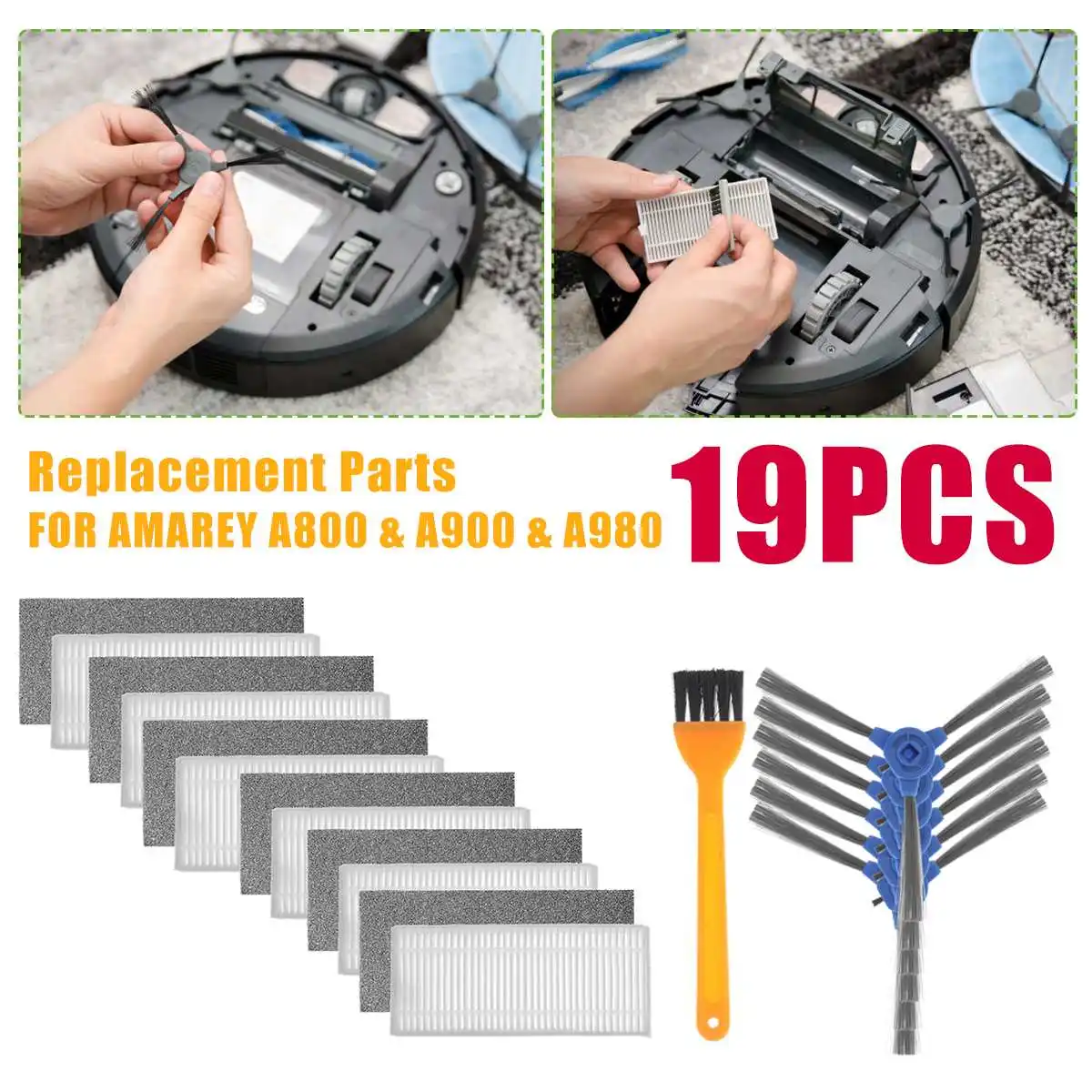 19Pcs/set Original Robot Vacuum Accessories Of Filter Main Brush Side Brush For Amarey A800 A900 A980 Vacuum Cleaner