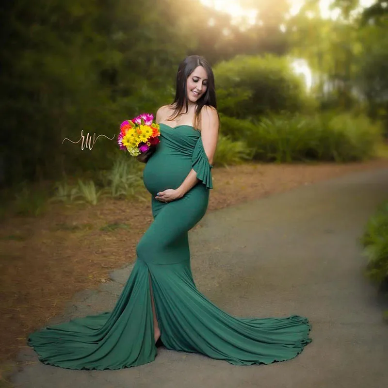 Vestidos de maternidad con cuello en V para sesi&oacute;n de fotos, vestido Sexy de manga con volantes para el embarazo, vestido Maxi elegante para fotograf&iacute;a, novedad de 2020-3