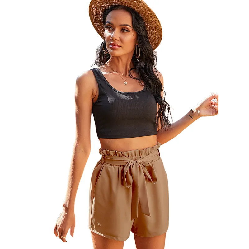 

Sexy Summer Black Knitted Crop Tank Tops for Women Solid Sashes Casual Brown High Waist Shorts Ladies Two Pieces Set Outfit 2021