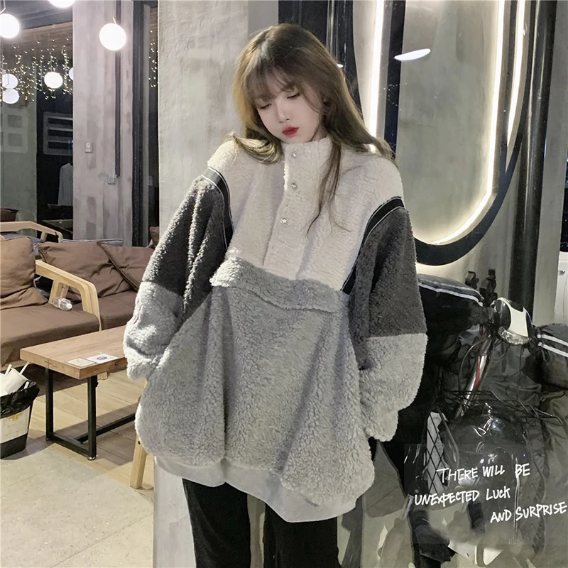 

2020 Winter Fleece Sweater Fashion Patchwork Fluffy Thick Sweaters Warm Zipper Pullovers Women Winter Coat Sherpa Tops FC469