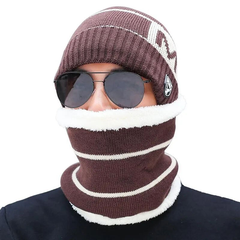 Для мужчин зимняя шапка и шарф вязаный комплект с надписями подкладом из шерсти