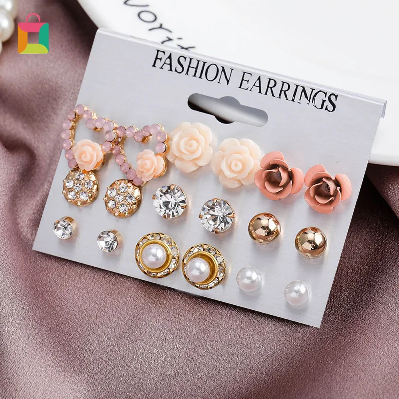 9 пар/компл. серьги с цветами роз и жемчугом женские Стразы украшением в виде