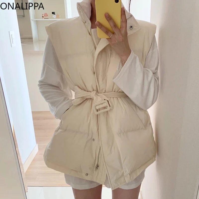 

Женский хлопковый жилет ONALIPPA, сезон осень-зима 2021, Корейская версия, простая универсальная теплая куртка на молнии с воротником-стойкой и за...