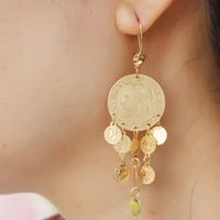 luxury design 18k gold drop earrings for women fashion portrait coin long tassel statement earrings muslim islam wedding jewelry