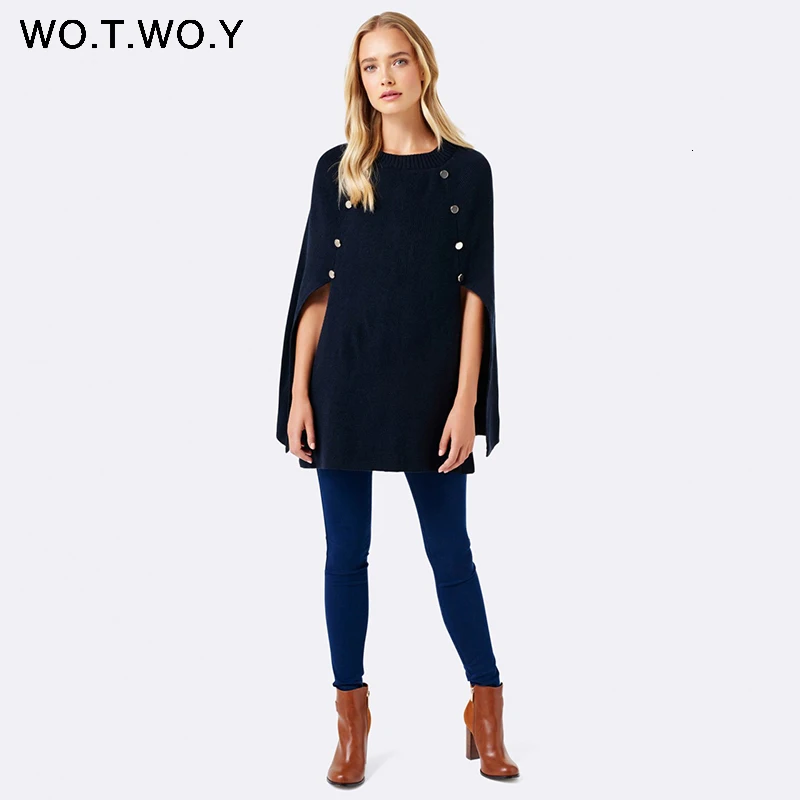WOTWOY, Вязаный плащ, свитер для женщин, Повседневная Свободная шаль, осень зима, уличная одежда, пончо, женский свитер и пуловеры размера плюс