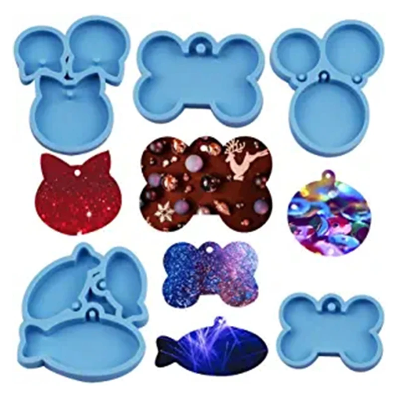 

5 Pieces Dog Tag Epoxy Resin Mold Circle Cats Dogs Bone Keychain Pendant Silicone Mould DIY Crafts Jewelry Casting Tool