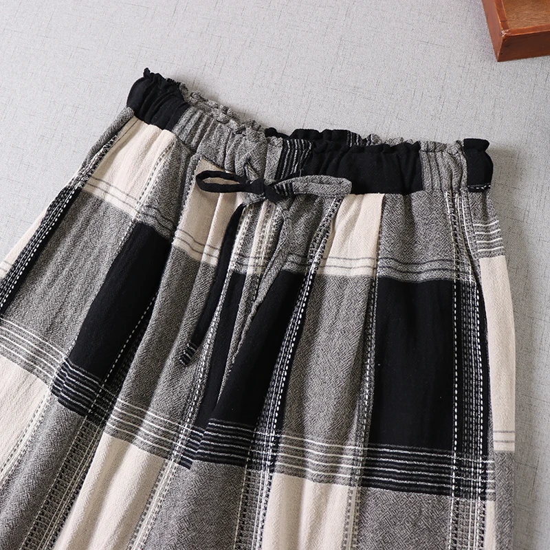 

Japan Style Mori Girl Cotton Plaid Wide Leg Pants New Spring Summer Casual Loose Elastic Waist Women Pants