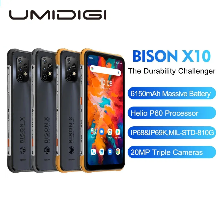 

UMIDIGI BISON X10 глобальная версия смартфона IP68 и IP69K 4 Гб 64 Гб Helio P60 Восьмиядерный 6,53 "HD + 20 МП Тройная камера 6150 мАч