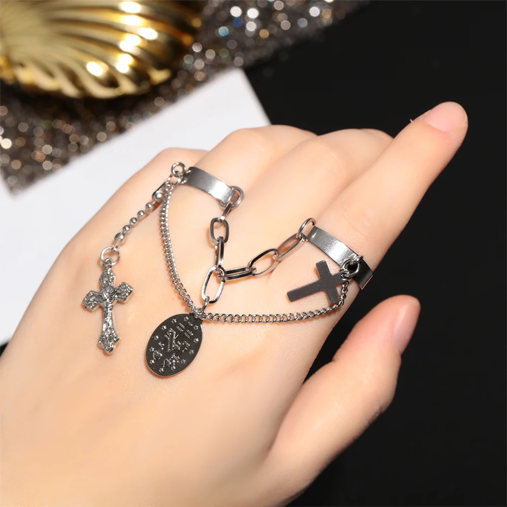 

1PC Punk Cool Hip Pop Multi-layer Adjustable Chain Four Fingers Open Silver Alloy Women Rotate Rings for Women Party Gift Ring