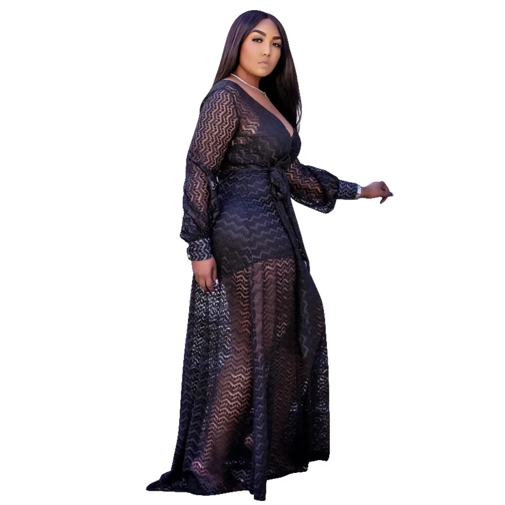 

RStylish Sexy Outfit Women 2021 Summer Solid Color Halter Mini Dress+Long Sleeve Deep V Cover Up Mesh Long Dresses 2 Piece Sets