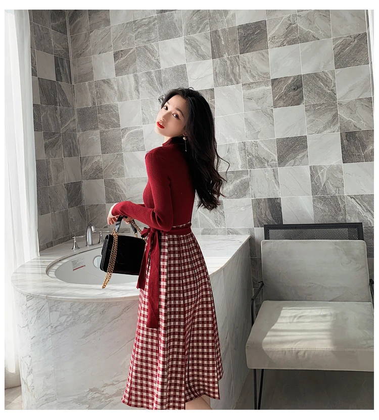 Elegant Splice Plaid With Belt Knitted Dress Women 2020 Spring Long Sleeve Casual Mid Dresses D9N710M | Женская одежда