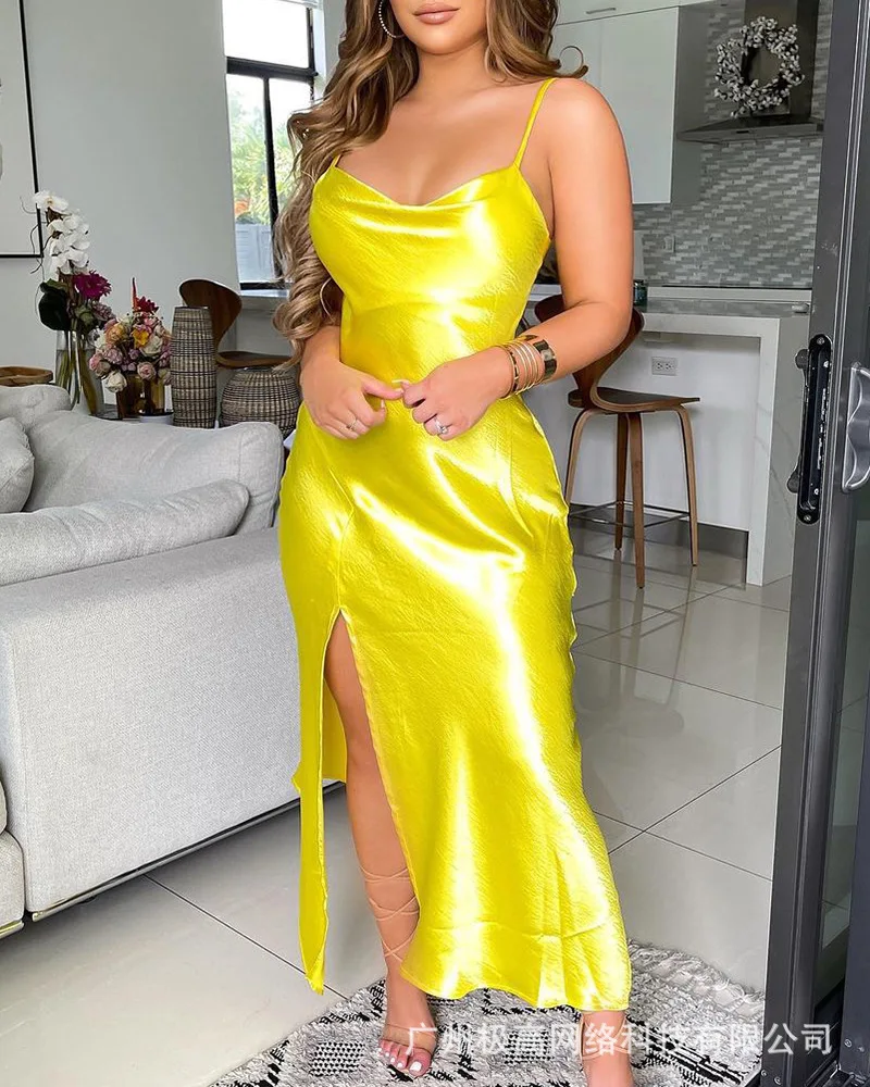 

Women's 2021 New Summer Yellow Sling Split Dress