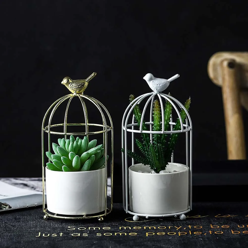 1pcs Nordic Style Hydroponic Ceramic Flower Pot Bird Cage Home Hollow Wrought Iron Stand Artificial Flower Pot Table Decoration