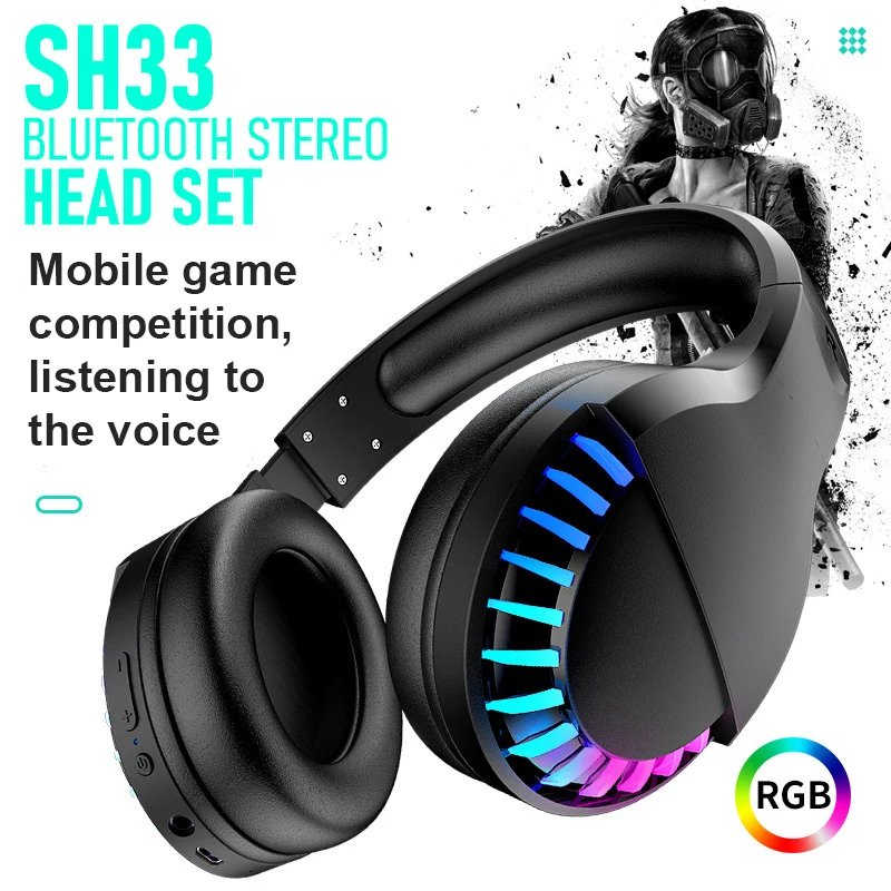 

New SH33 Bluetooth Headphone Wireless/Wired RGB Light Head-mounted Deep Bass Noise Canceling Stereo Gaming Streaming Use Headset