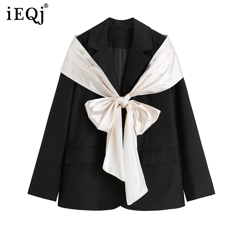 

IEQJ Women Black Retro Design Bow Temperament Casual Blazer New Lapel Long Sleeve Loose Jacket Fashion Tide Spring Autumn 2021
