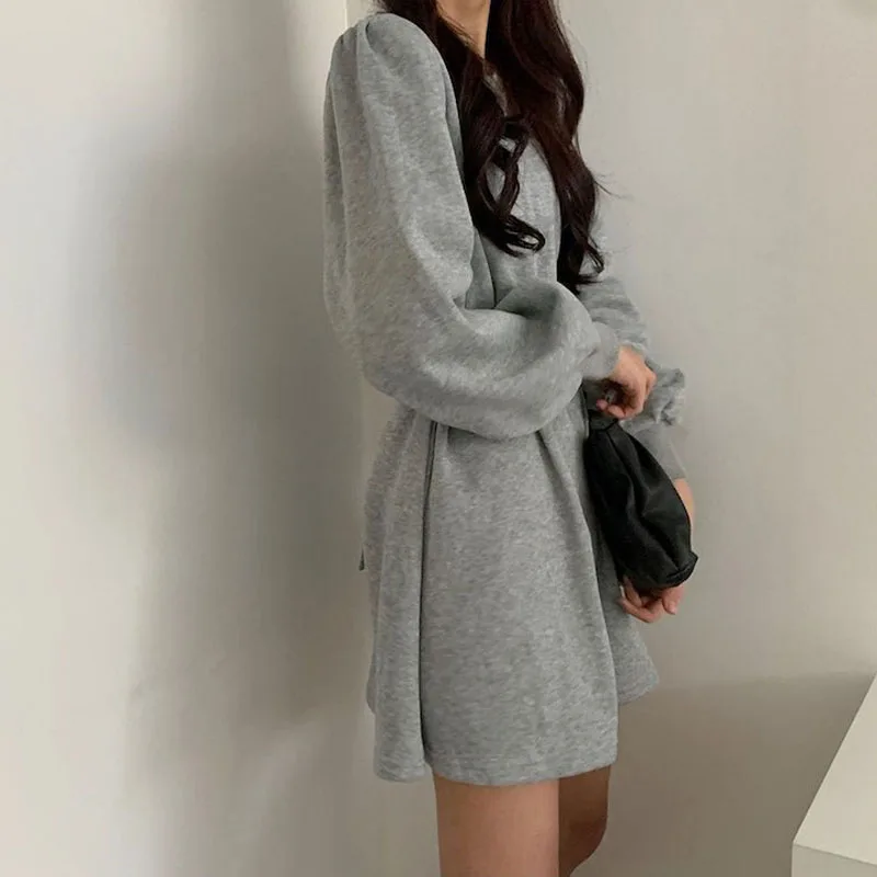

Simple 2 Colors 2021 Spring And Autumn Solid Color Long Sleeve Dress Women Korean Style Chic All-Match Dresses Ladies With Belt