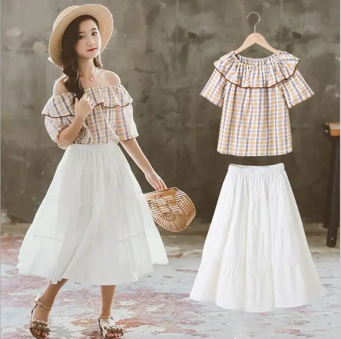 Новинка лета 2019 клетчатая хлопковая футболка для маленьких девочек + белая