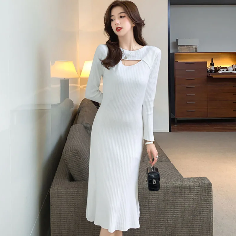 

Korean Chic Knitted Sweater Dress 2021 Autumn/Winter New Femme Woman White Elegant Hollow Out Design Dress Midi Slim Base Dress