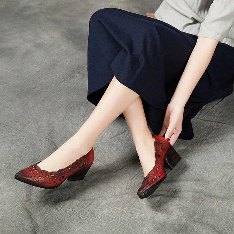 

Women Genuine leather Retro Single Shoes Vintage Thick High heels Pointed Toe Handmade Pumps Women's Shoes 2020