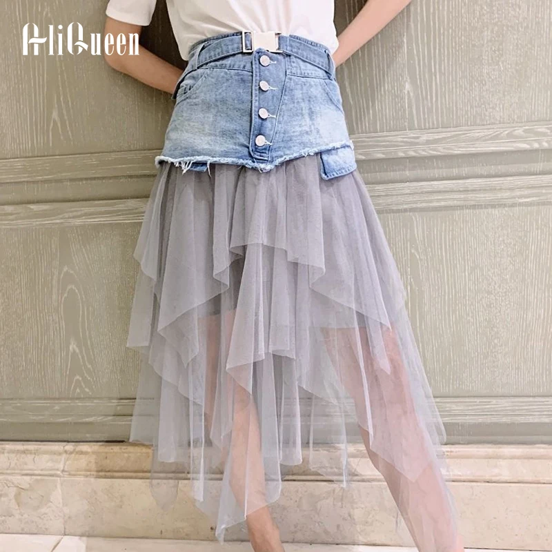 

Юбка-миди женская из денима, с кружевом, с высокой талией и поясом