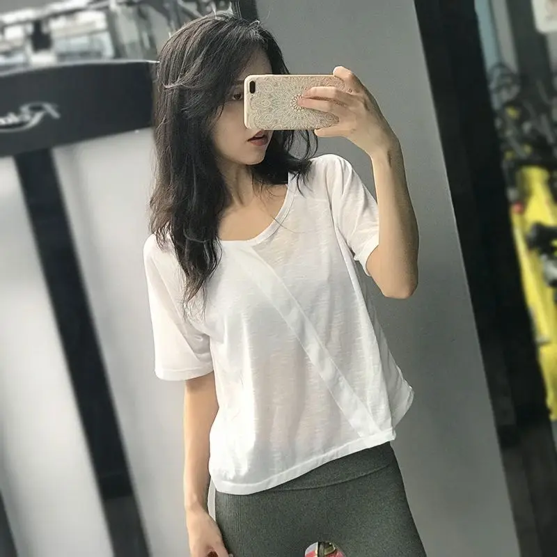 

Women's T-Shirt Loose Sports Short-Sleeved Summer Thin Breathable Slim Solid Quick-Drying Clothes Running Fitness Tops Blouses