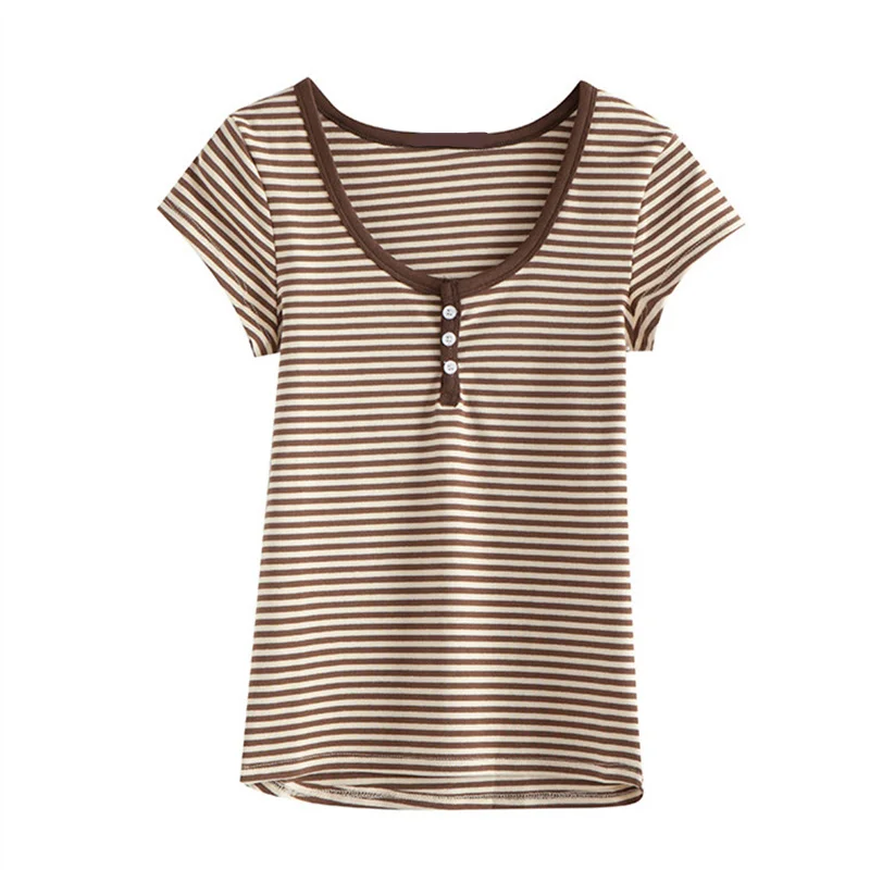 

Sweet Girls Striped Soft Cotton T-Shirt 2021 Summer Fashion Ladies Slim O Neck Streetwear Tees Vintage Women Chic Tops