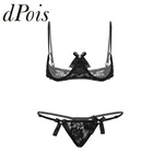 Комплект женского прозрачного кружевного нижнего белья, 2 шт., на тонких бретелях, Открытая грудь, бюстгальтер на косточках + трусики-стринги с низкой посадкой