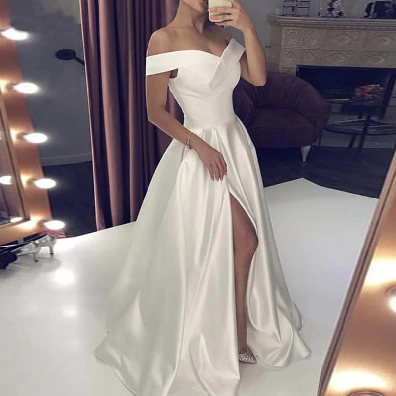 

2021 Latest One-line Neck Sexy Slit Wedding Evening Dress Wedding