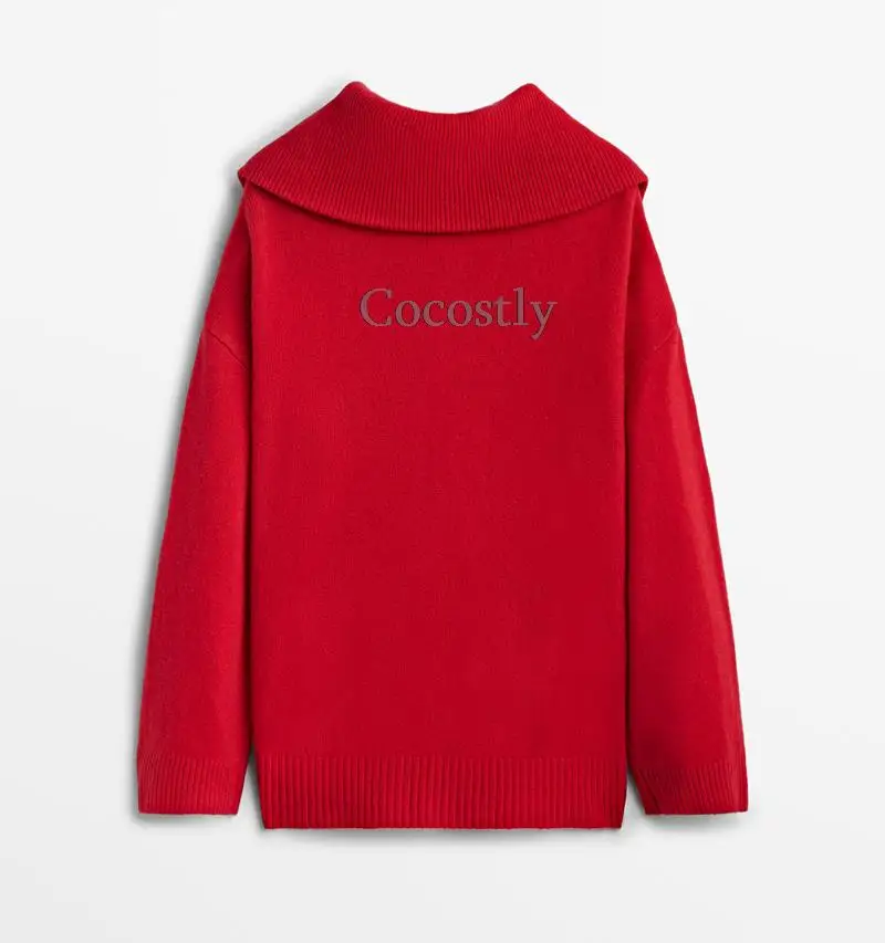 Новинка 2022 красный Однотонный женский вязаный свитер на молнии с высоким