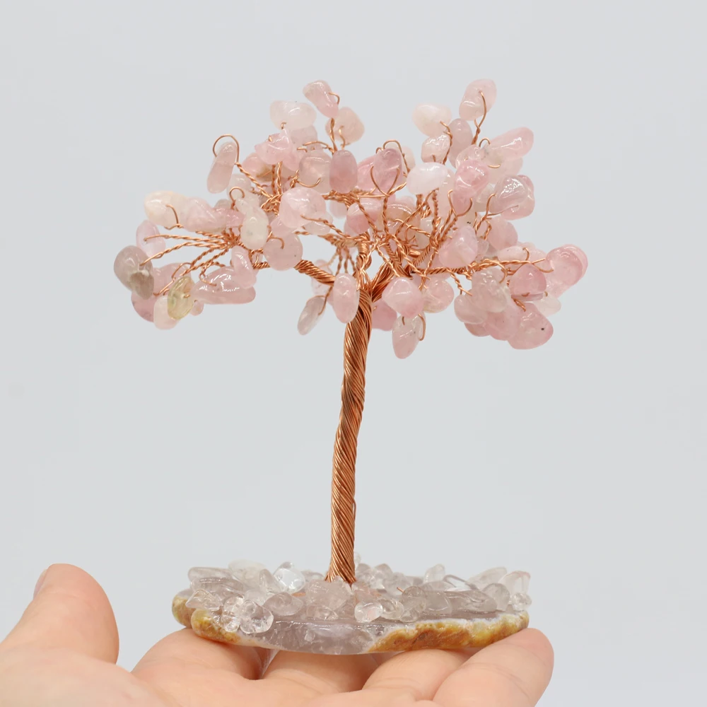 

Natural Stones Rose Quartz Crushed Stone Copper Wire Winding Tree of Life Ornament Home Living Room Decoration Fine Gift